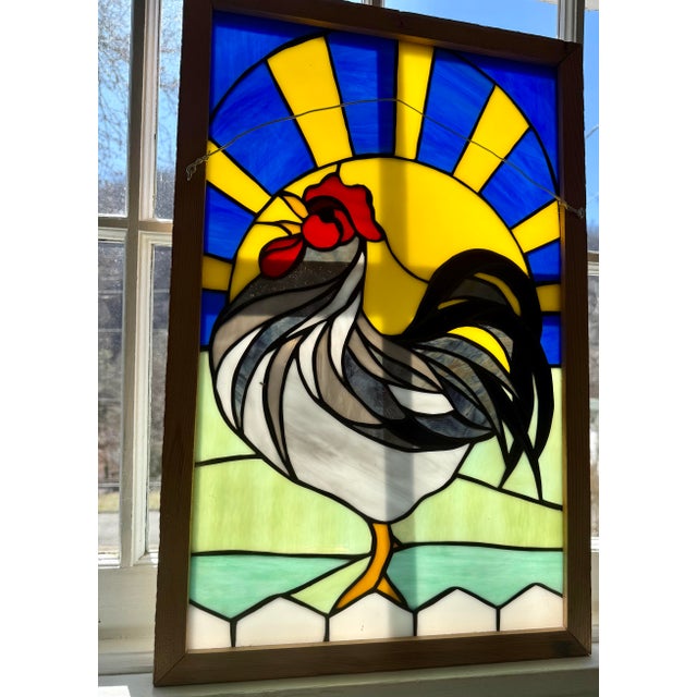 Mid 20th Century Framed Handcrafted Stain Glass Rooster and Vibrant Sunrise For Sale - Image 6 of 11