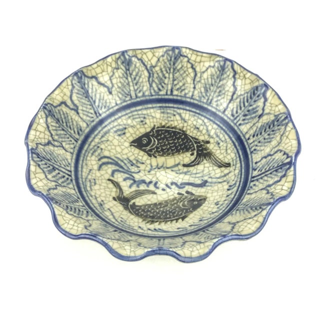 1980s Rare Asian Crackle Finished Ceramic Clay Pottery Bowl Dancing Fish For Sale - Image 5 of 9