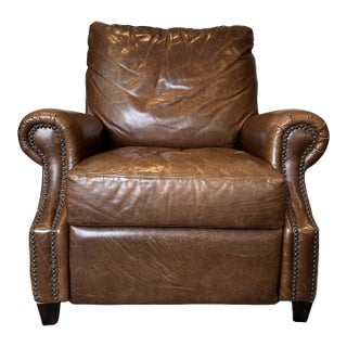 Pottery Barn James Roll Arm Top-Grain Leather Recliner Chair – Nailhead Trim, Classic Traditional Club Style, Dark Walnut Legs For Sale