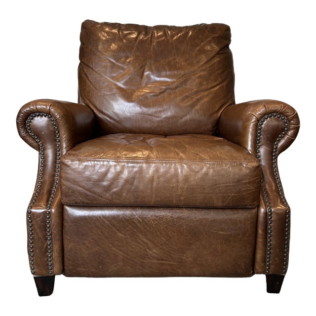 Pottery Barn James Roll Arm Top-Grain Leather Recliner Chair – Nailhead Trim, Classic Traditional Club Style, Dark Walnut Legs For Sale
