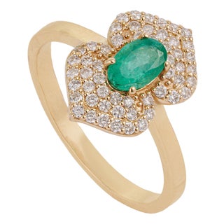 19th Revival Style Emerald Art Deco Ring With Cluster Diamonds Size 6.5 in 14k Gold For Sale