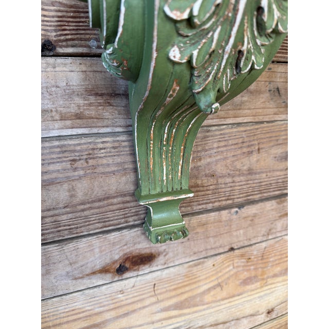 Late 20th Century Pair of Carved Acanthus Wall Bracket Shelves / Corbels in Distressed Green Finish For Sale - Image 5 of 11