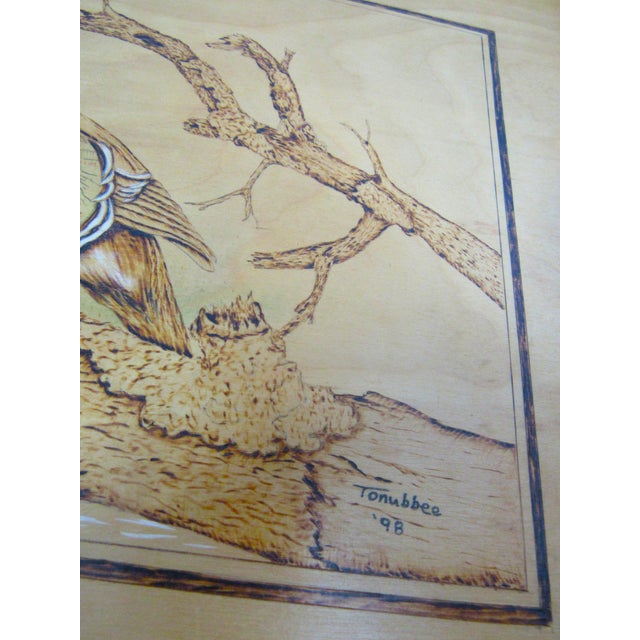 Late 20th Century Folk Art Choctaw Native American Pyrogrophy Wood Burning Wood Duck Art Signed For Sale - Image 10 of 15