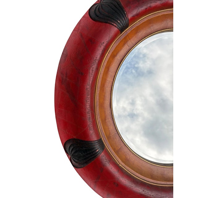 Vintage Red & Tan Leather Round Wall Mirror – Sculptural Accent, 36” Ralph Lauren Style Striking late 20th century round...