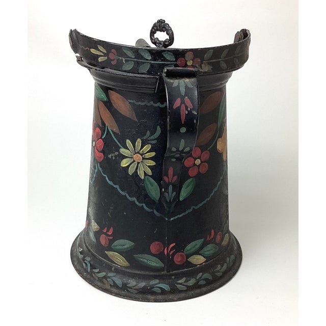 American Large Antique Black Hand Painted Toleware Coffee Pot For Sale - Image 3 of 8