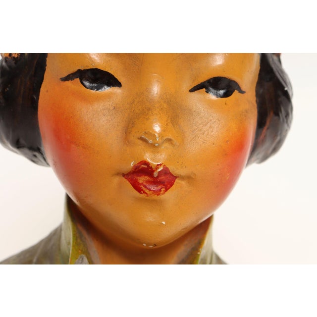 Army Green Vintage Chinoiserie Asian Chalkware Bust of a Woman After Esther Anna Hunt For Sale - Image 8 of 15