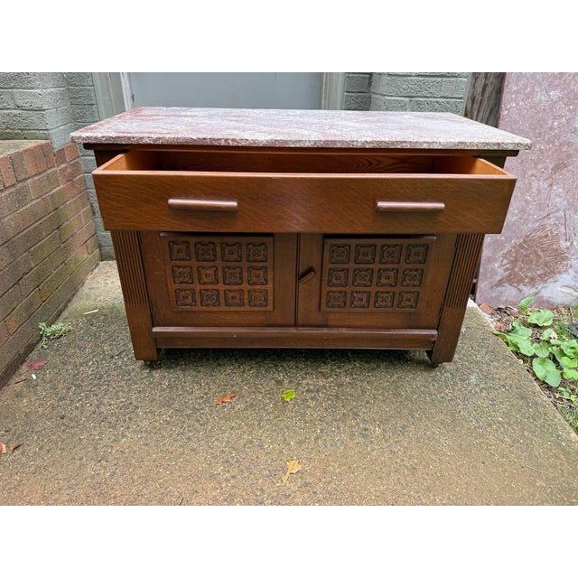 Antique French Art Deco Style Marble Top Oak Wood Cabinet Sideboard With Geometric Front For Sale - Image 14 of 18