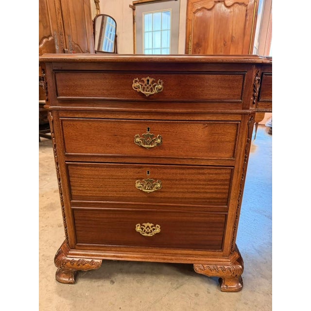 Mid-20th Century Chippendale Style Mahogany Partners Executive Desk With Embossed Leather Top, Circa 1950s For Sale In Indianapolis - Image 6 of 18