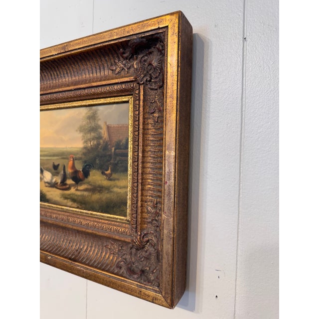 Framed 19th Century Oil - "Feeding Time" A fine nineteenth-century painting depicting hens and a rooster beside farm...