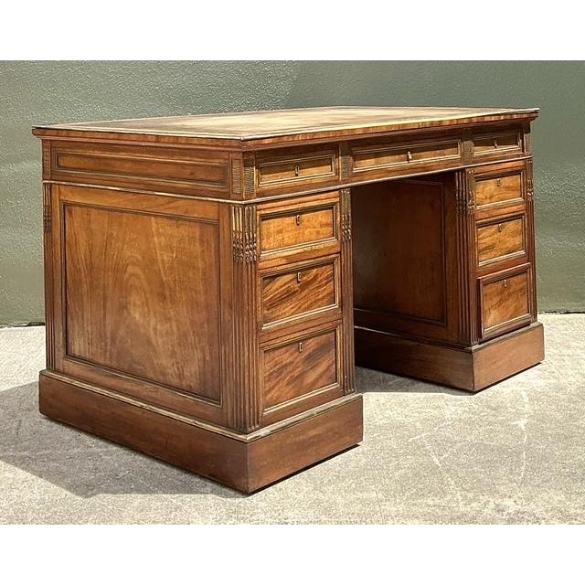 English Vintage Bertram and Sons Gilt Tipped Leather Top Desk For Sale - Image 3 of 12