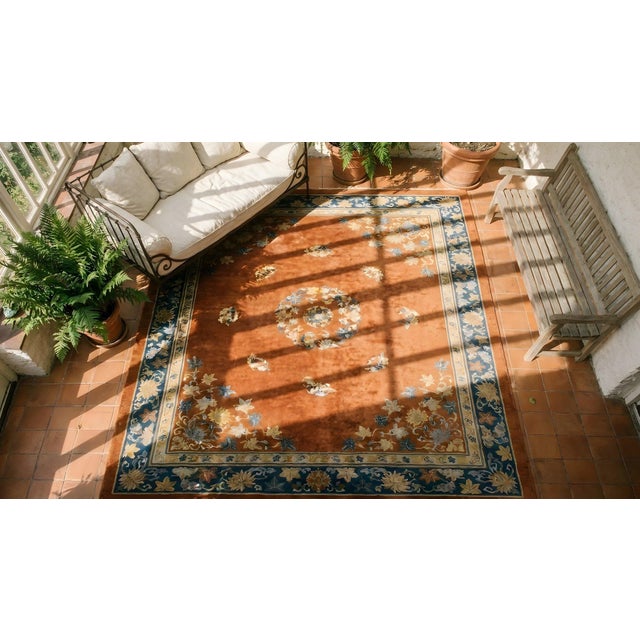 Striking Multi Color Daisies in a Floral Design With Orange-Terra-Cotta Ground Color Antique Chinese Art Deco Rug For Sale - Image 13 of 15