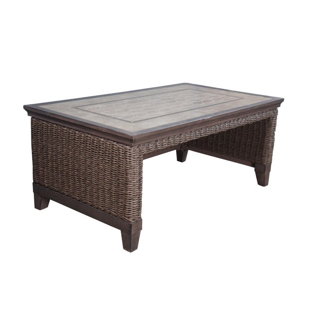 Vintage outdoor rattan coffee or cocktail table. Dimensions: 28" x 48" x 21"h