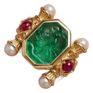 Mid 20th Century 14k Yellow Gold Tagliamonte Green Venetian Glass Intaglio Ring, Size 6