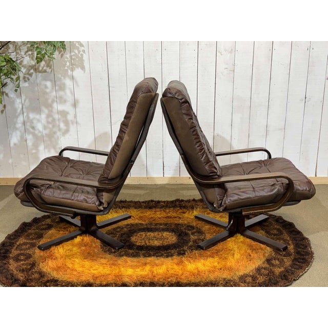 Brown Norwegian Swivel Chairs in Leather and Beech, 1970s, Set of 2 For Sale - Image 8 of 15