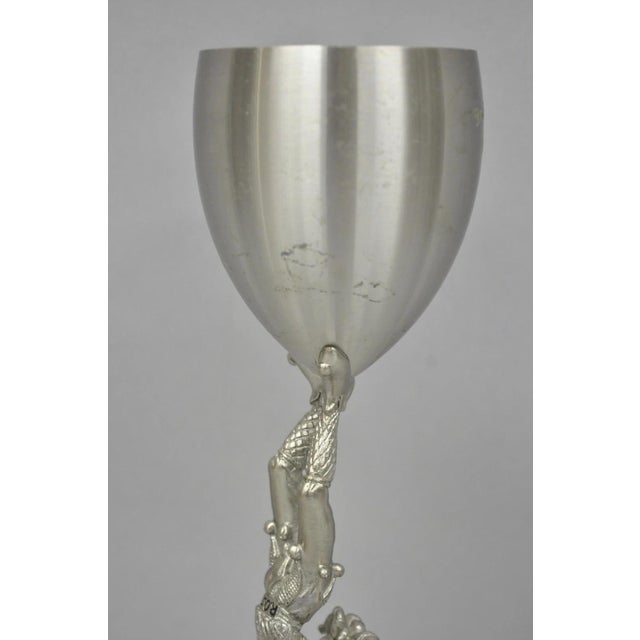 Silver Vintage Royal Order of Jesters Figural Pewter Metal Award Goblet Chalice For Sale - Image 8 of 17