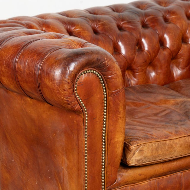 Animal Skin Pair of French Brown Leather Chesterfield Two Seat Loveseat Sofas For Sale - Image 7 of 16