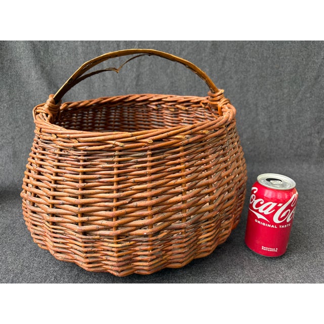 Large Antique Hand Woven Willow Gathering Basket Branch Handle For Sale - Image 12 of 17