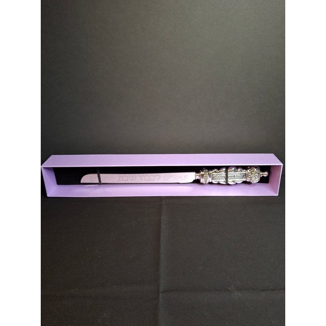 1990s Mazon Sterling Silver .925 Shabbat Challah Knife 13" Serrated Steel in Box Judaica For Sale - Image 15 of 18