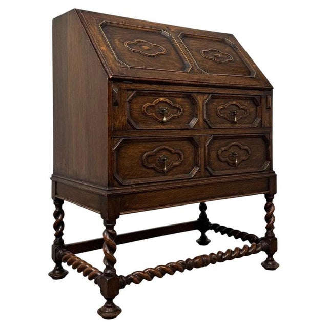 2000 - 2009 Antique English Jacobean Style Oak Bureau, 1900s For Sale - Image 5 of 14