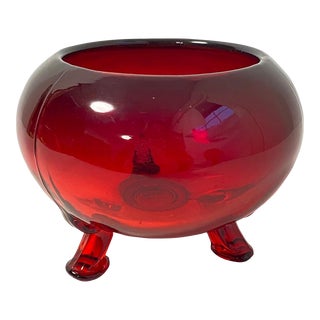 Vintage Viking Glass Ruby Red Footed Dish 1960s MCM Decorative Flowerlite Bowl For Sale