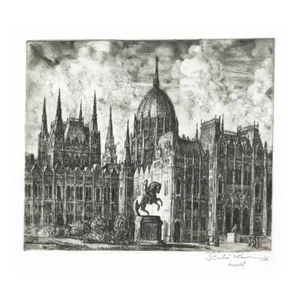 1990s Kossuth Lajos Square and Hungarian Parliament Etching