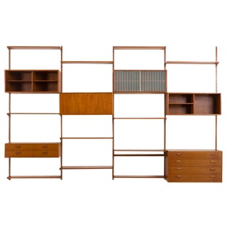 Four Bay Teak Wall Unit with a Dresser by Kai Kristiansen for Fm Møbler, Denmark, 1960s For Sale