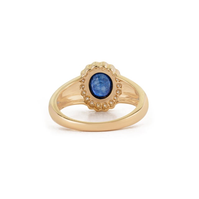 1.12ct Blue Sapphire & Diamond Bezel Chunky Ring 14k Yellow Gold Size 4 For Sale - Image 9 of 17
