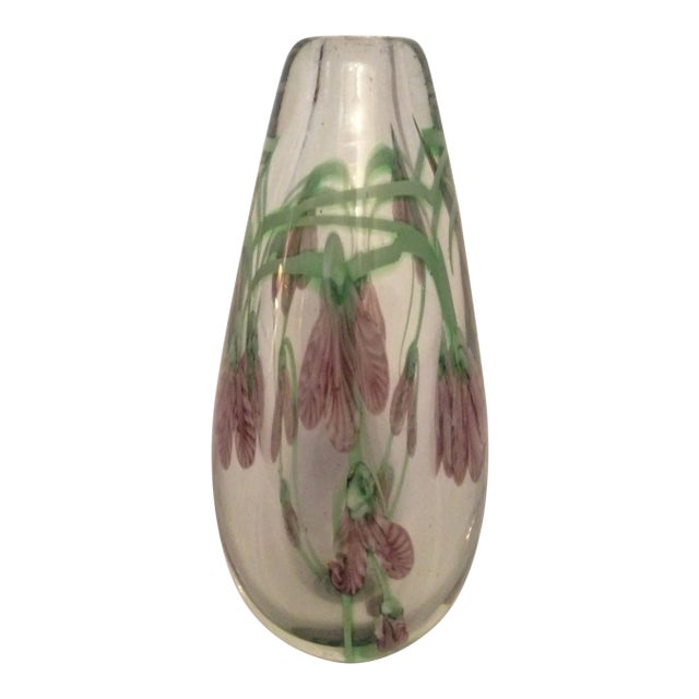 Mid 20th Century Art Glass Vase With Floral Motif in Lavender and Green For Sale