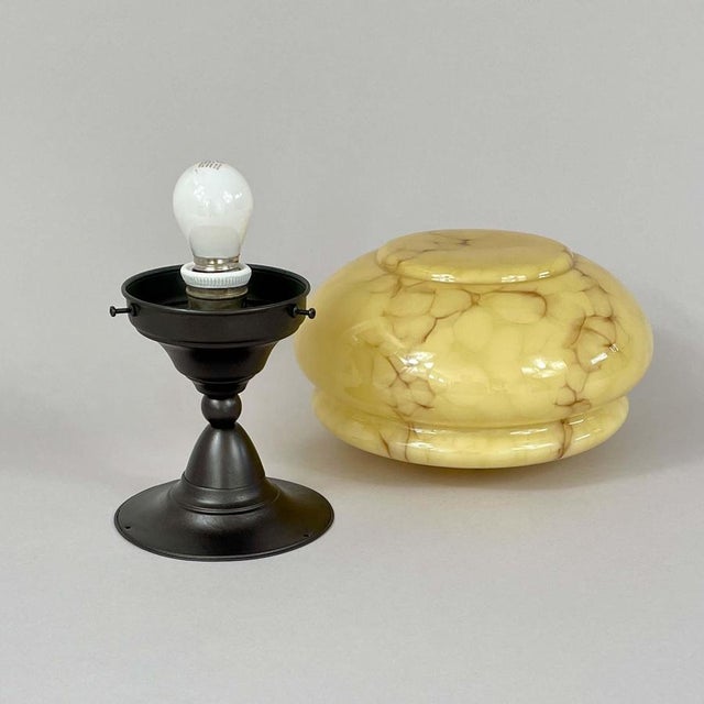 Brown Art Deco Flush Mount in Marbled Opaline Glass and Burnished Brass, Germany, 1920s For Sale - Image 8 of 16