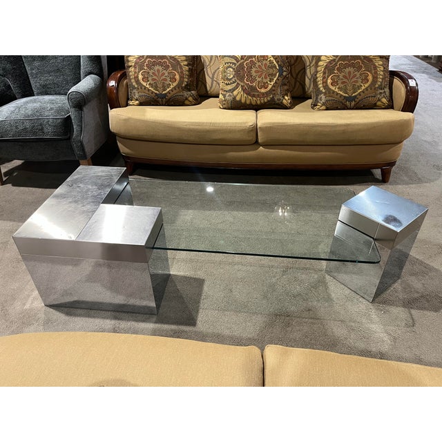 Metal Block Base Coffee Table With Insertable Glass Top | Chairish