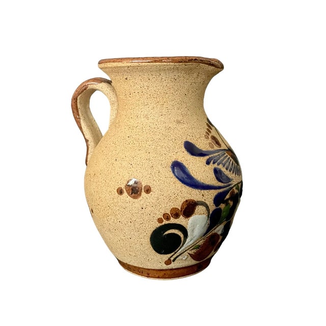 1970s Vintage Tonala Mexico Pitcher – Hand-Painted Stoneware With Blue Floral & Bird, Folk Art Pottery Vase, 5.5" For Sale - Image 5 of 7