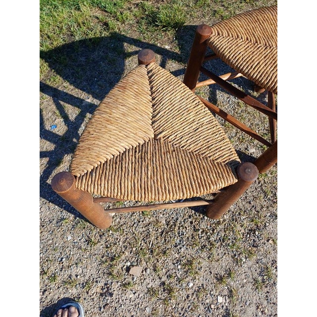 Vintage Triangular Tripod Wood and Straw Stools, 1950, Set of 4 For Sale - Image 6 of 9