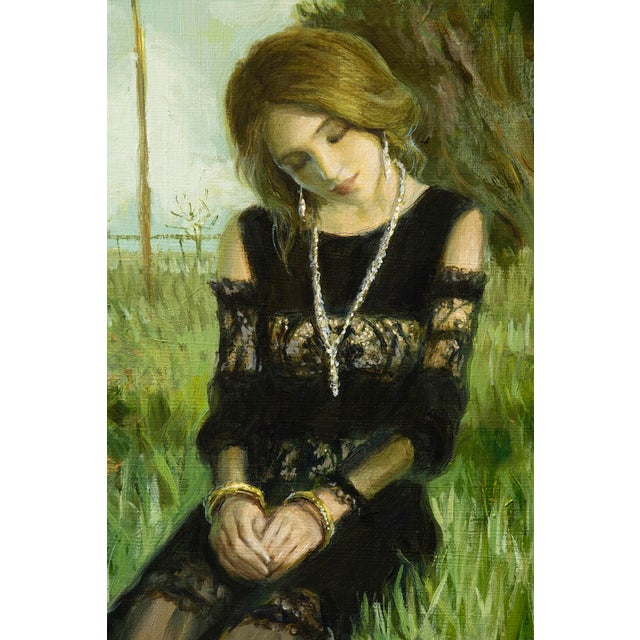 In "Listening," a figure in a delicate black lace dress sits serenely amidst lush green grass, embodying a moment of...