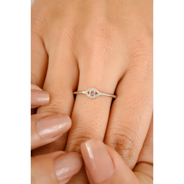 Minimal Pink Tourmaline Evil Eye Ring With Diamonds in 18k White Gold Size 7 For Sale In New York - Image 6 of 10