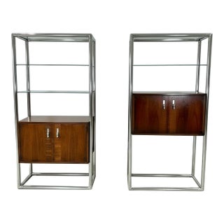 1970s Lane Mid Century Modern Walnut and Chrome 2 Bay Free Standing Wall Unit Etagere For Sale