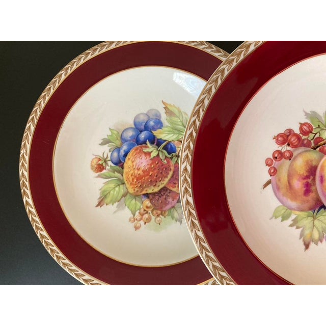 Early 20th Century Crown Ducal Red Burgundy and Gold Border Fruit Decorated Porcelain Plates- Set of 6 For Sale - Image 11 of 18