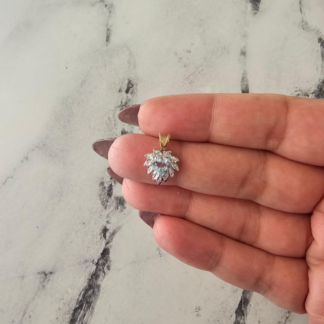 Contemporary Heart Shaped Aquamarine Necklace with Pave Diamond Halo 16" For Sale - Image 3 of 4