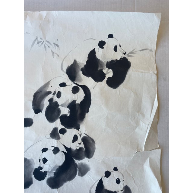 Vintage Chinese Brush Painting of Pandas by j.p. Gaston, Ink on Rice Paper, Signed. For Sale - Image 4 of 9