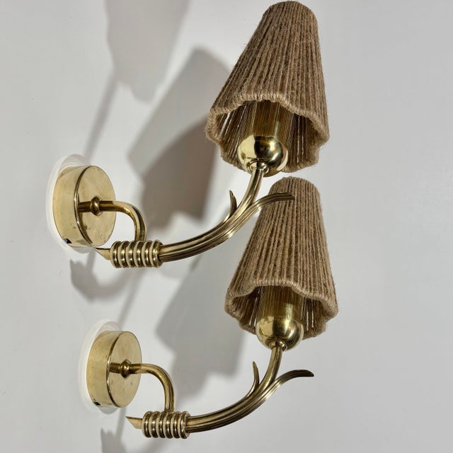 Mid-Century Modern Scandinavian Modern Wall Lamps in Brass with Rope Shades, Sweden, 1940s, Set of 2 For Sale - Image 3 of 10