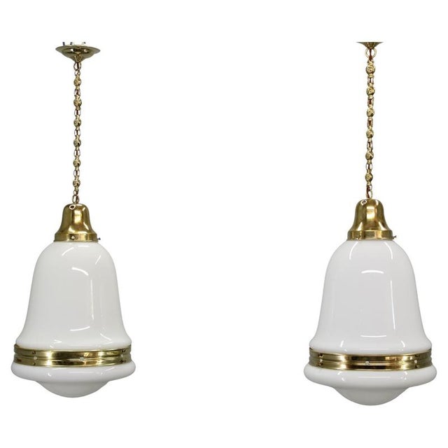 Luzette Pendant Lights in Opaline Glass and Brass by Peter Behrens for Aeg, 1930s, Set of 2 For Sale - Image 17 of 17