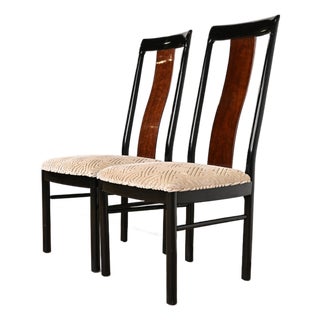 Drexel Heritage Mid-Century Modern Hollywood Regency Black Lacquer and Walnut High Back Dining Chairs, Pair For Sale