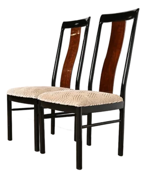 Drexel Heritage Mid-Century Modern Hollywood Regency Black Lacquer and Walnut High Back Dining Chairs, Pair