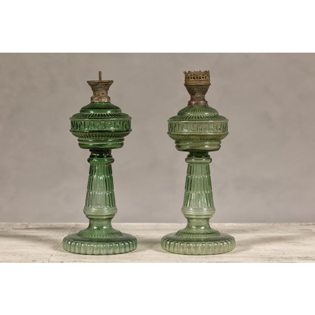 Green Green Glass Gas Lights with Meander Friezes, a Vintage Near Pair For Sale - Image 8 of 12