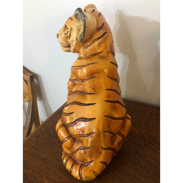 Gold Vintage Marwal Chalkware 14” Bengal Tiger Cub Sculpture – Hand-Painted Mid-Century Hollywood Regency Safari Decor For Sale - Image 8 of 12
