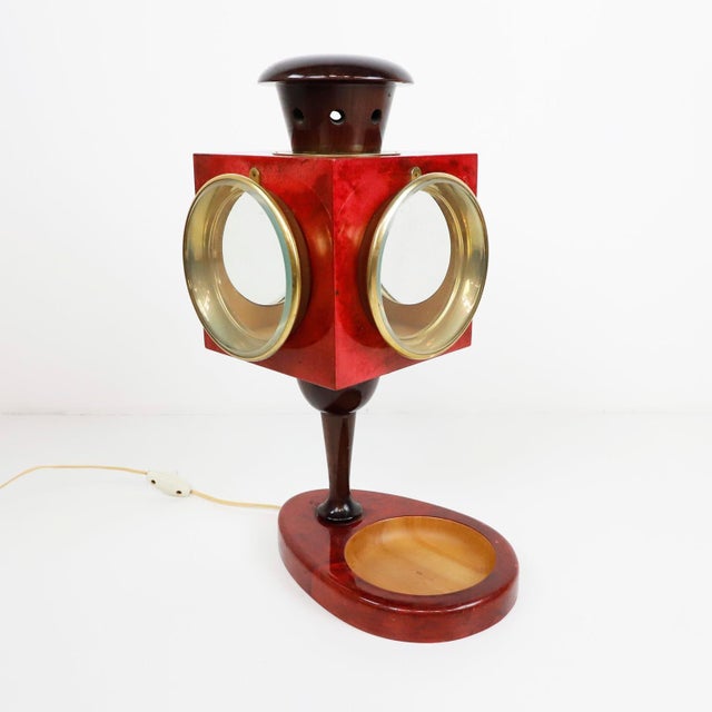 1950s Huge Aldo Tura Red Goatskin Lantern Table Lamp For Sale - Image 13 of 16