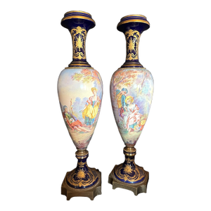 19th Century Sevres French Louis XVI Blue Porcelain Bronze Vases- a Pair