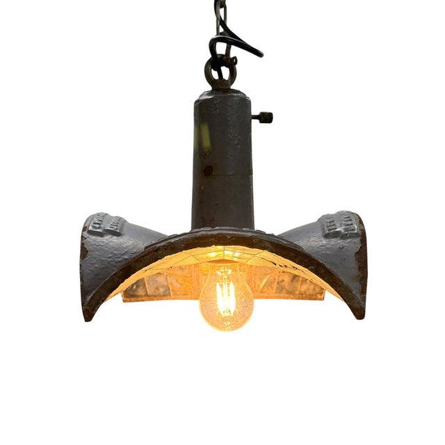 Original vintage industrial pendant light created from an authentic esla street lantern from the united kingdom....