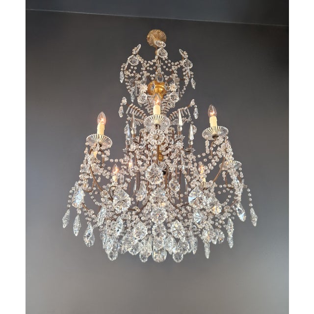 Metal 1930s Brass Crystal Chandelier Ceiling Lamp Lustre Art Nouveau Lamp For Sale - Image 7 of 13