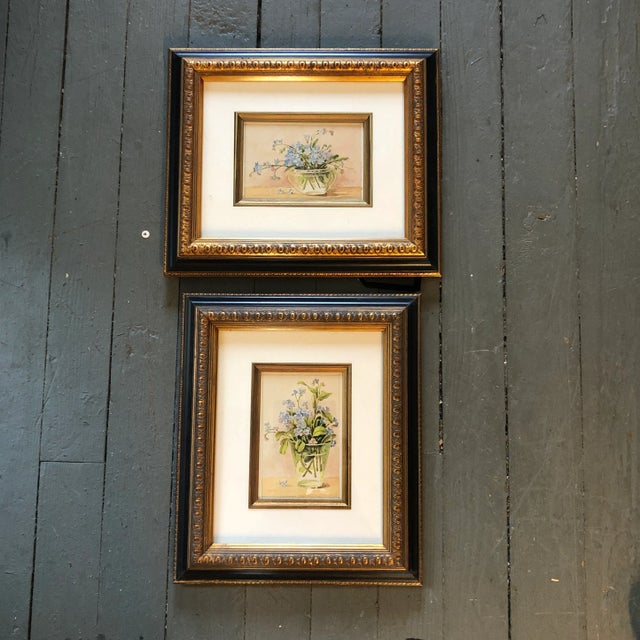 1960s Collection of 2 Vintage Original Small Floral Still Life Watercolor Paintings Framed For Sale - Image 5 of 5