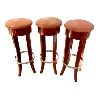 Vintage Art Deco Style Walnut Bar Stools in Havana-Colored Faux Leather, 1970s, Set of 3 For Sale